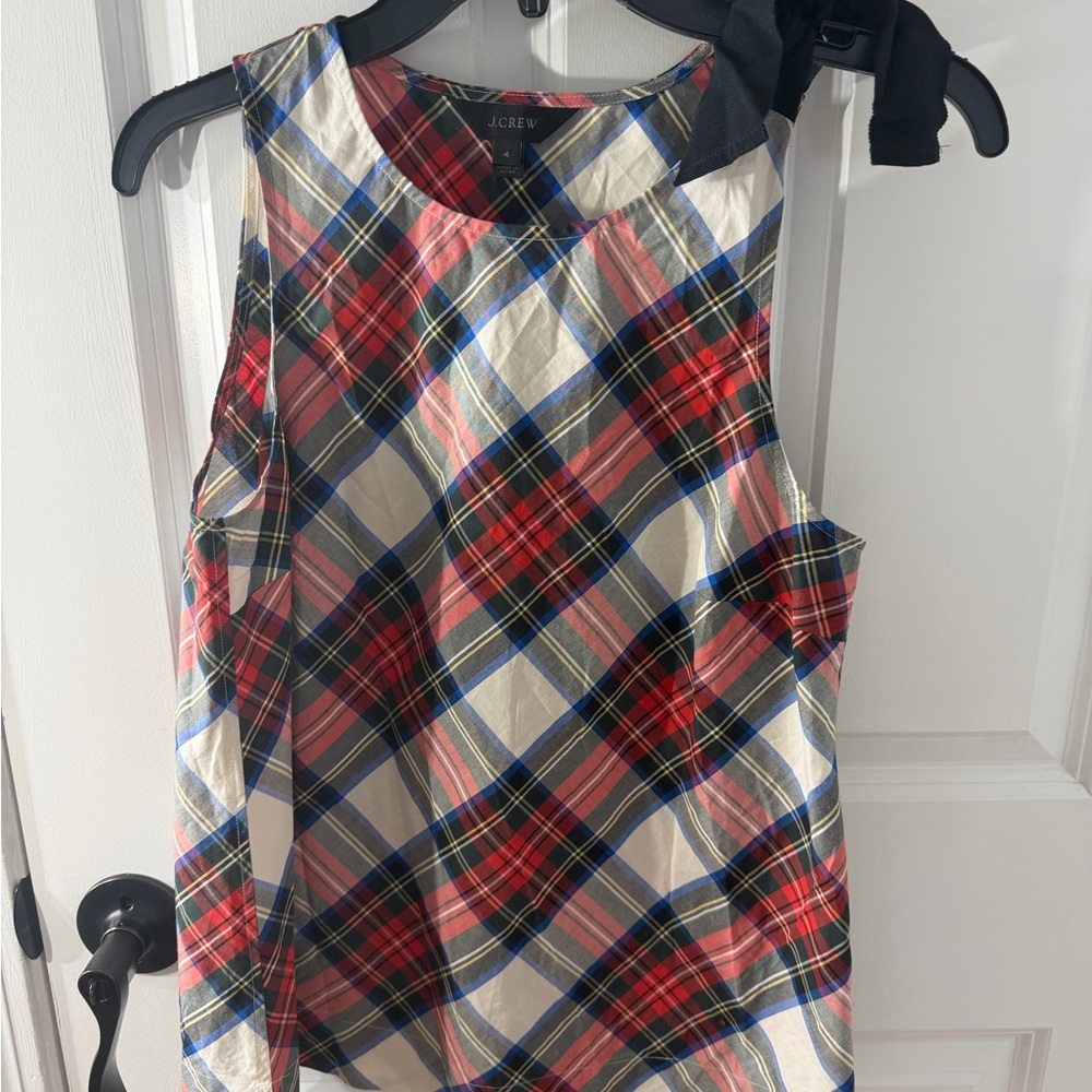 J. Crew Plaid Sleeveless top size 4 bow shoulder preppy holiday blouse